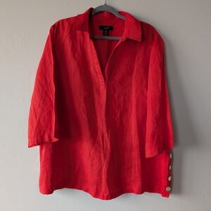 Tahari Bright Red Orange 100% Linen Tunic Poppver Collared Top Relaxed Size 1X